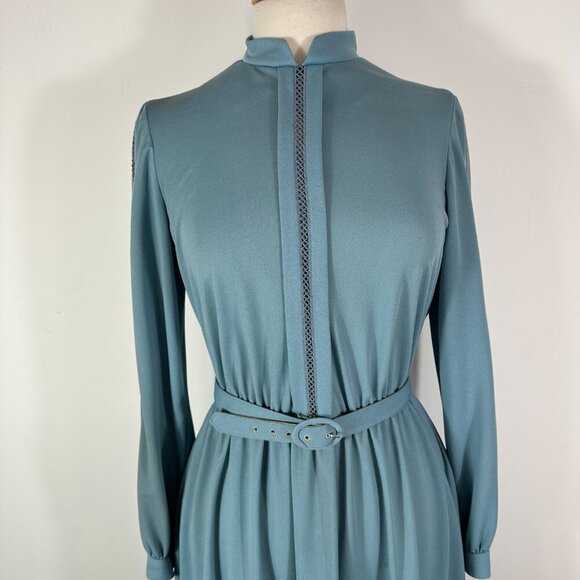 Vtg 80s David Warren Mock Neck Belted Waist Midi Dress Gray Sz 10 Long Sleeve - Picture 2 of 15